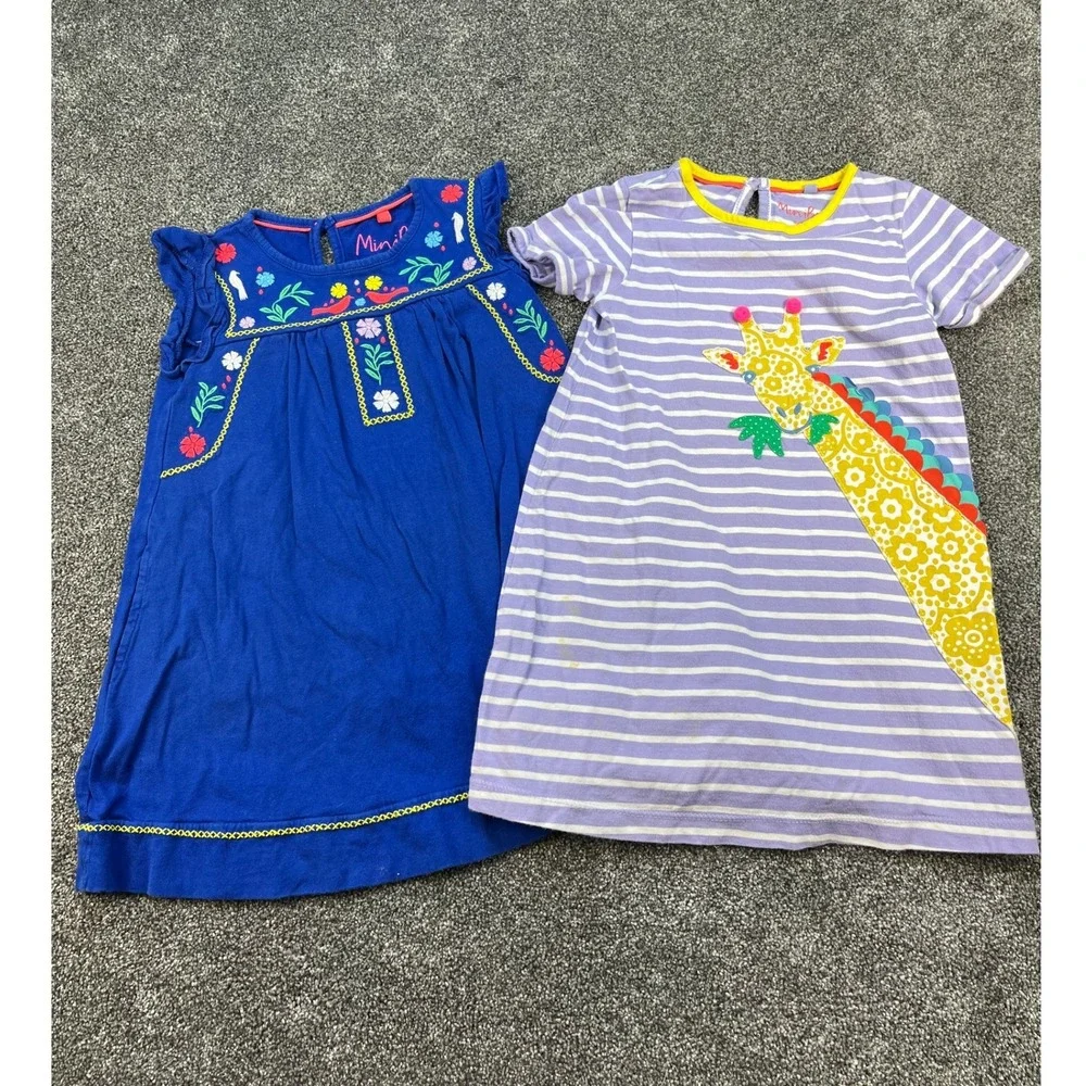 Mini Boden 2 pc Dresses Embroidered Blue Florals and Striped Giraffe Girls 4-5Y